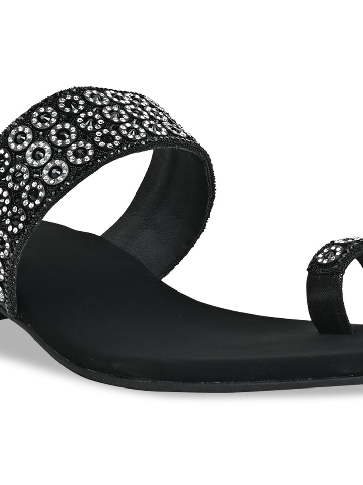 Rocia By Regal Black Women Diamond Embellished Box Heel Sandals