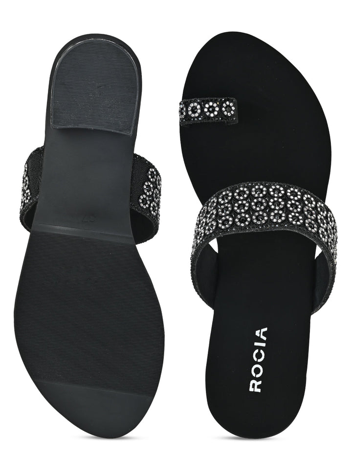 Rocia By Regal Black Women Diamond Embellished Box Heel Sandals
