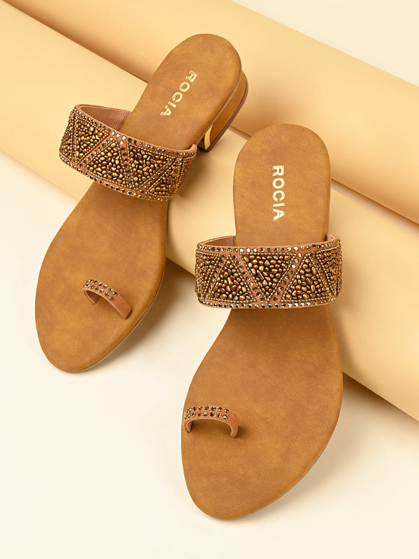 Rocia By Regal Antique Gold Women Casual Embroidered Block Heels