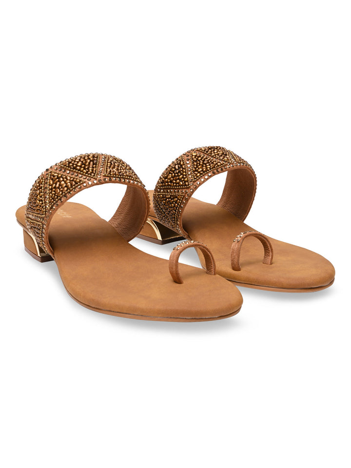 Rocia By Regal Antique Gold Women Casual Embroidered Block Heels