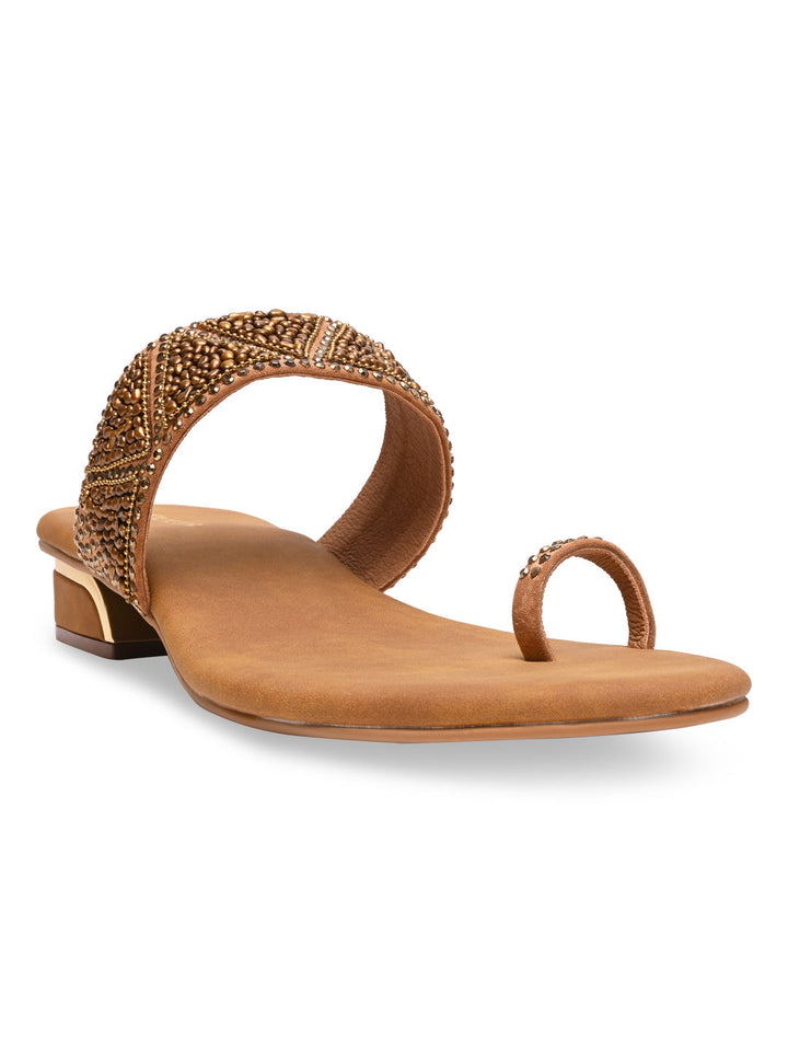 Rocia By Regal Antique Gold Women Casual Embroidered Block Heels