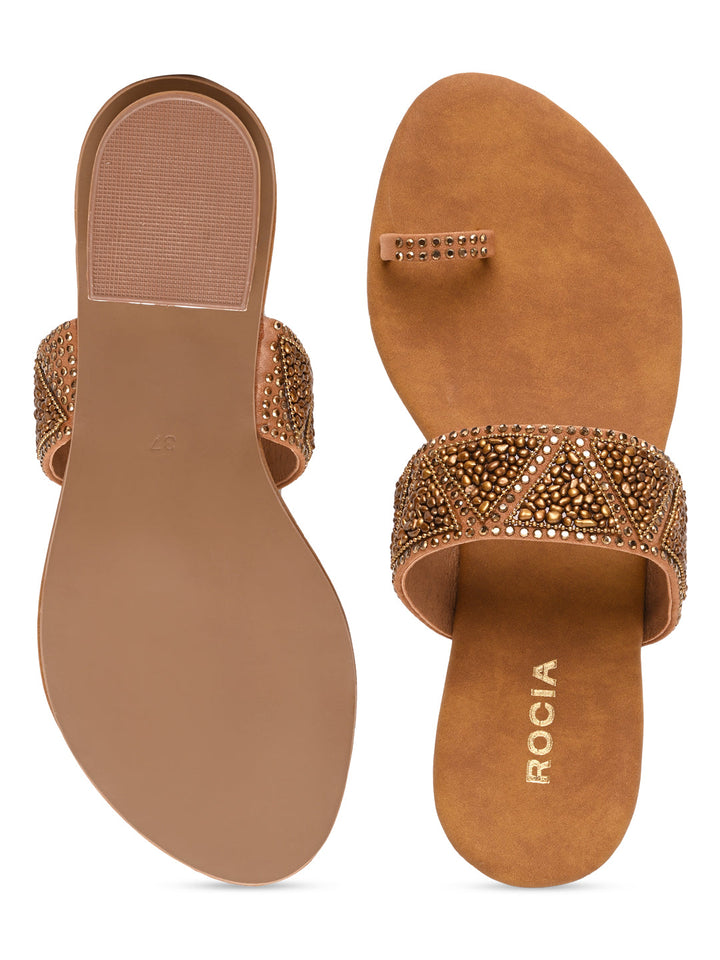 Rocia By Regal Antique Gold Women Casual Embroidered Block Heels