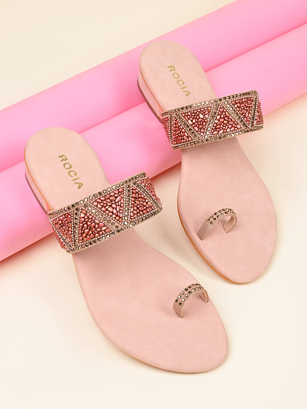 Rocia By Regal Rose Gold Women Casual Embroidered Block Heels