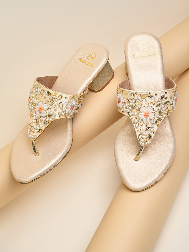 Rocia By Regal Gold Women Embroidered Block Heels