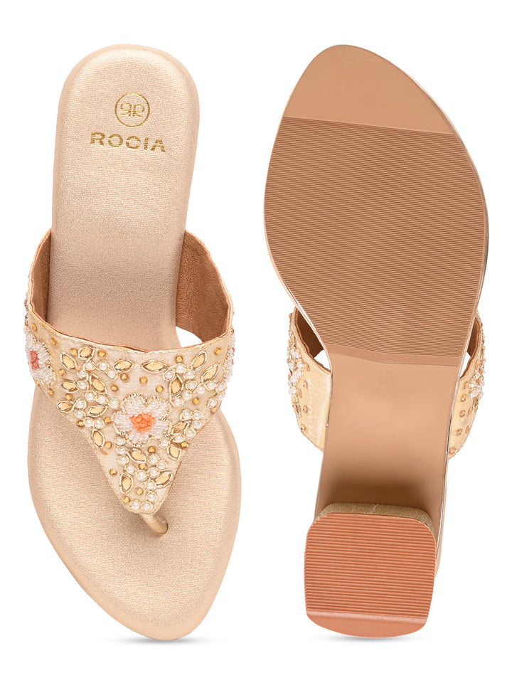 Rocia By Regal Gold Women Embroidered Block Heels