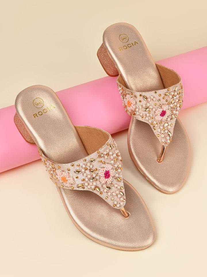 Rocia By Regal Rose Gold Women Embroidered Block Heels