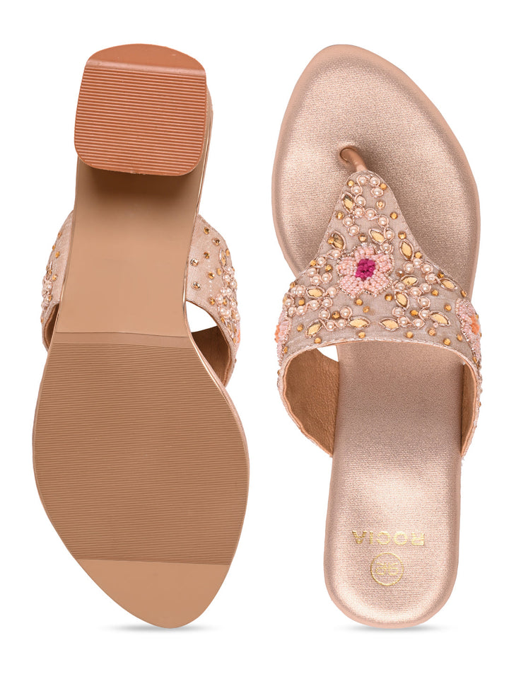 Rocia By Regal Rose Gold Women Embroidered Block Heels