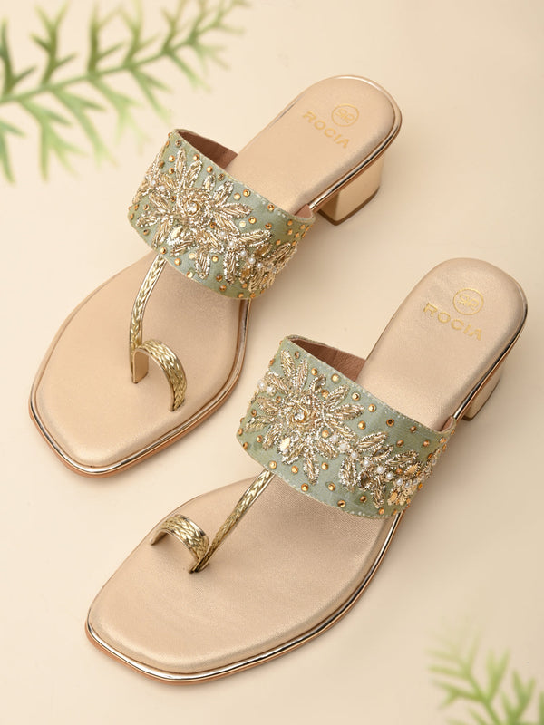 Rocia By Regal Gold Women One Toe Embroidered Block Heel Sandals