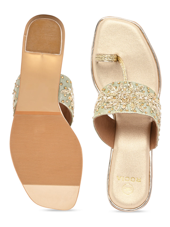 Rocia By Regal Gold Women One Toe Embroidered Block Heel Sandals
