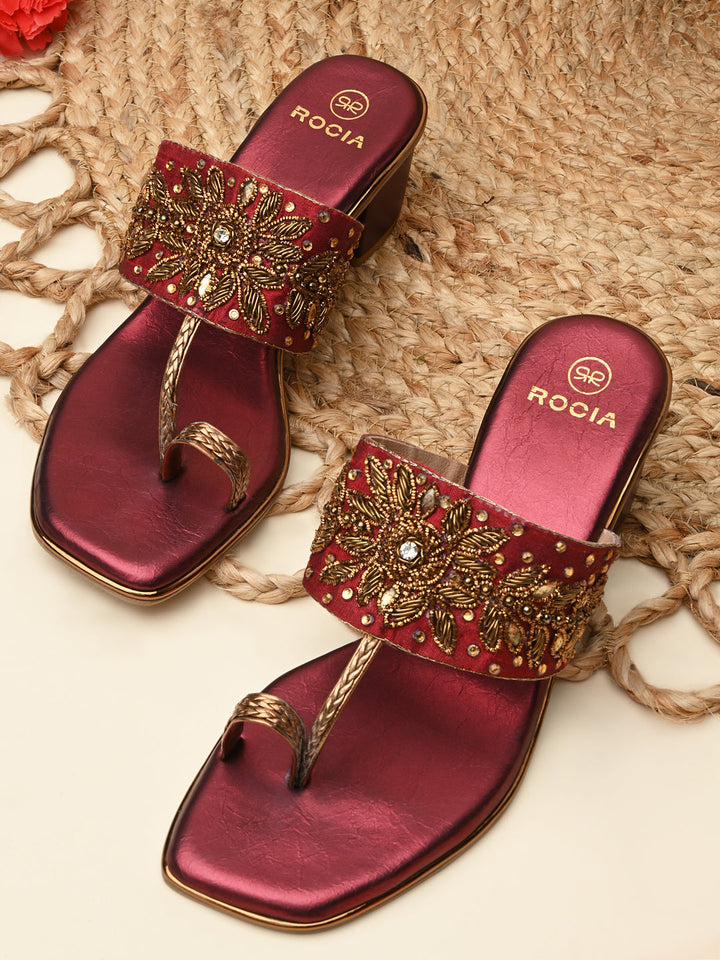 Rocia By Regal Maroon Women One Toe Embroidered Block Heel Sandals