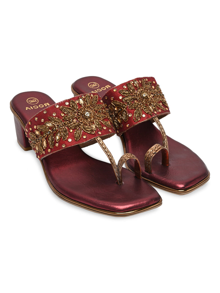 Rocia By Regal Maroon Women One Toe Embroidered Block Heel Sandals