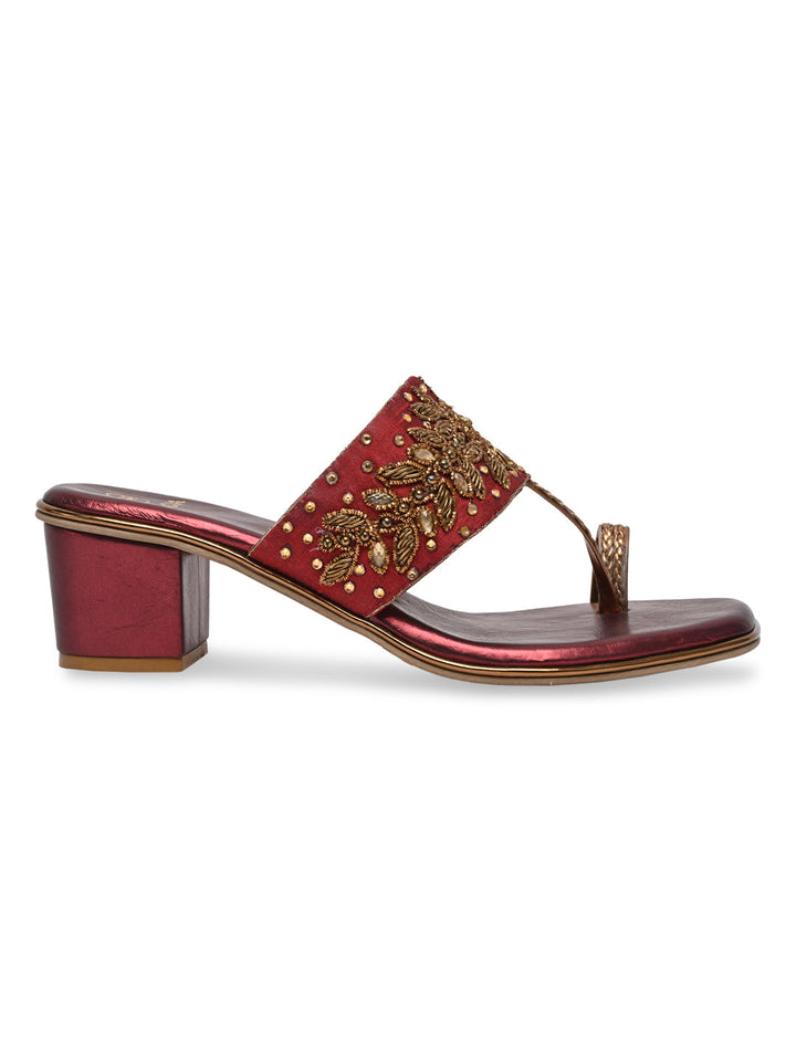 Rocia By Regal Maroon Women One Toe Embroidered Block Heel Sandals