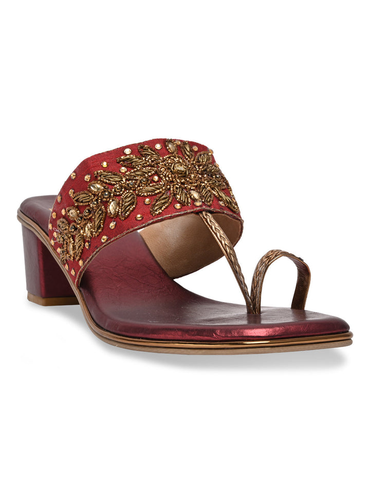 Rocia By Regal Maroon Women One Toe Embroidered Block Heel Sandals