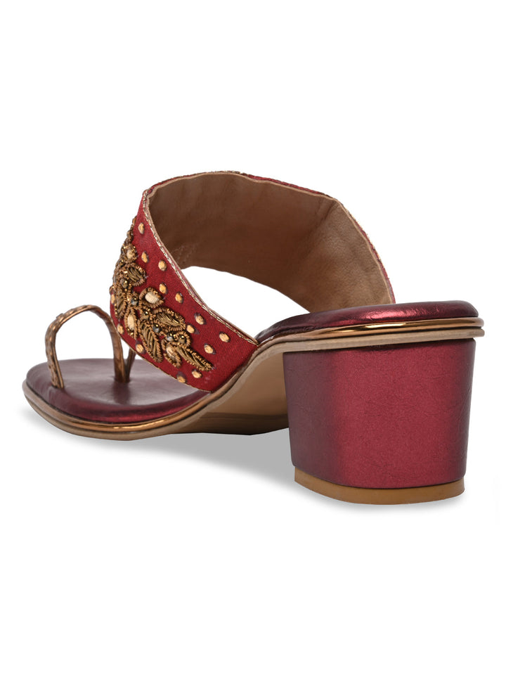 Rocia By Regal Maroon Women One Toe Embroidered Block Heel Sandals