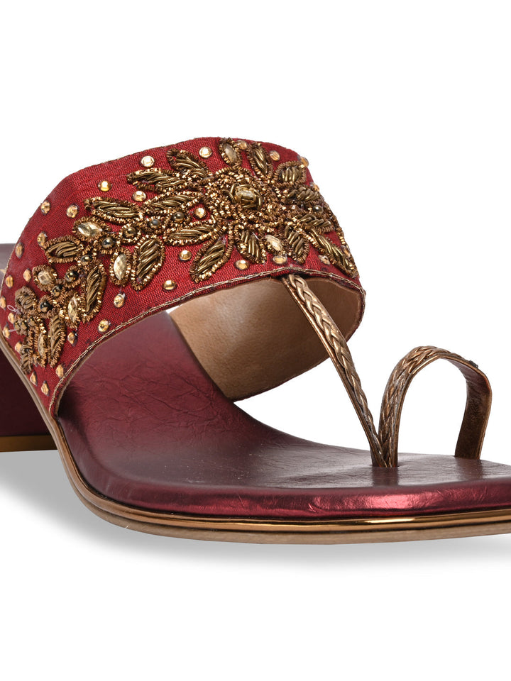 Rocia By Regal Maroon Women One Toe Embroidered Block Heel Sandals