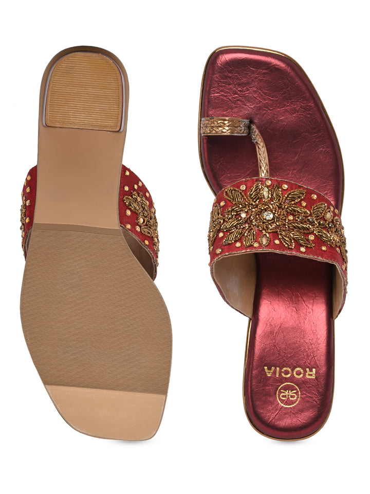 Rocia By Regal Maroon Women One Toe Embroidered Block Heel Sandals