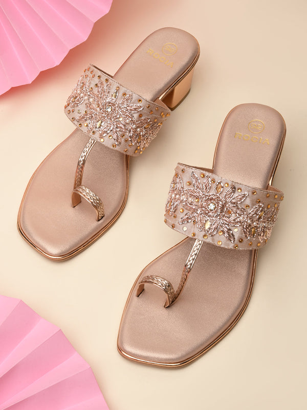 Rocia By Regal Rose Gold Women One Toe Embroidered Block Heel Sandals