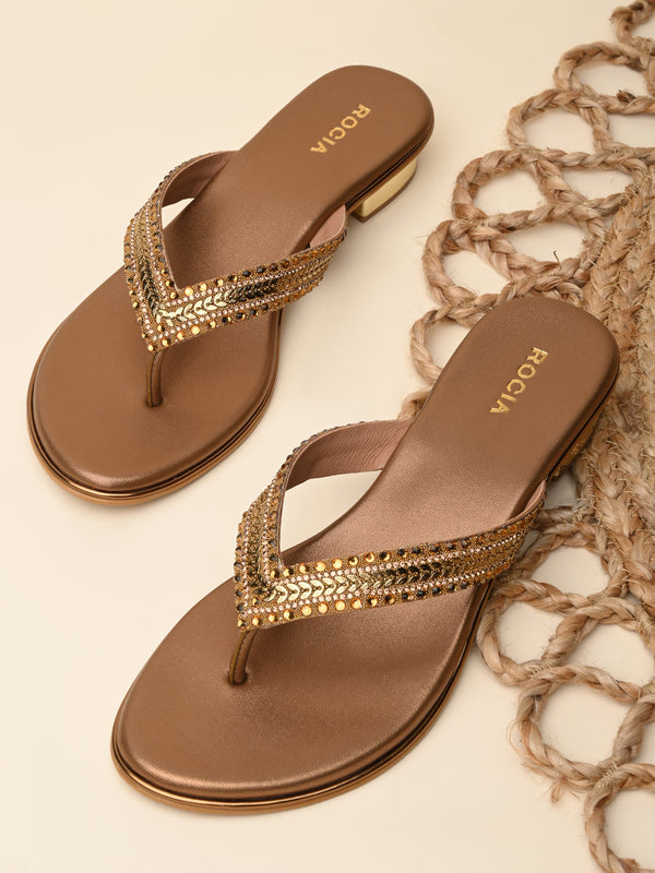 Rocia By Regal Antique Gold Women Embroidered Thong Small Heel Sandals