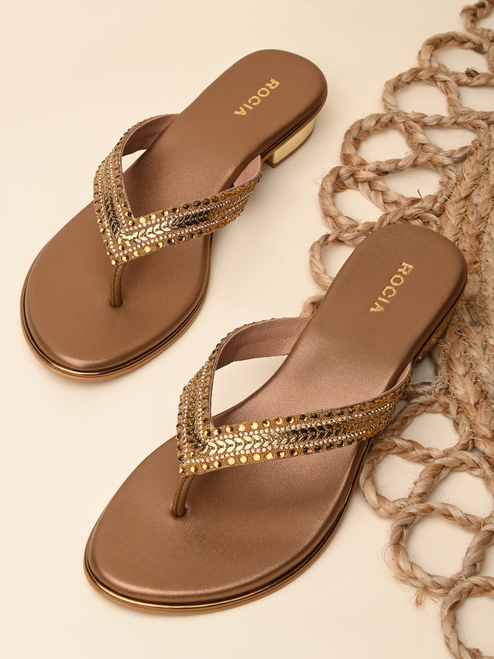 Rocia By Regal Antique Gold Women Embroidered Thong Small Heel Sandals