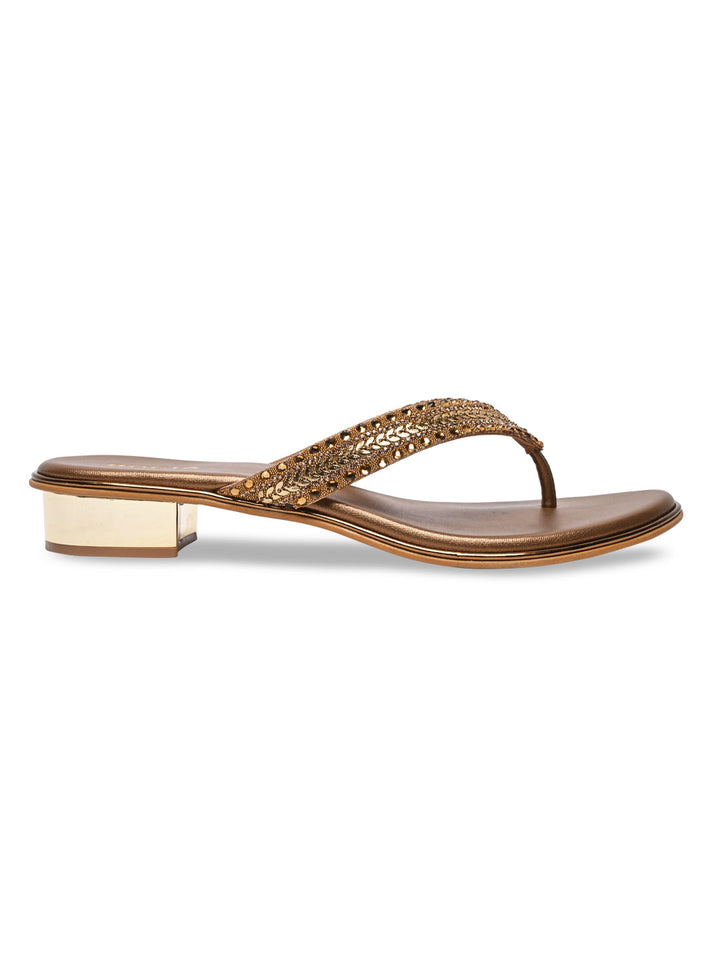 Rocia By Regal Antique Gold Women Embroidered Thong Small Heel Sandals