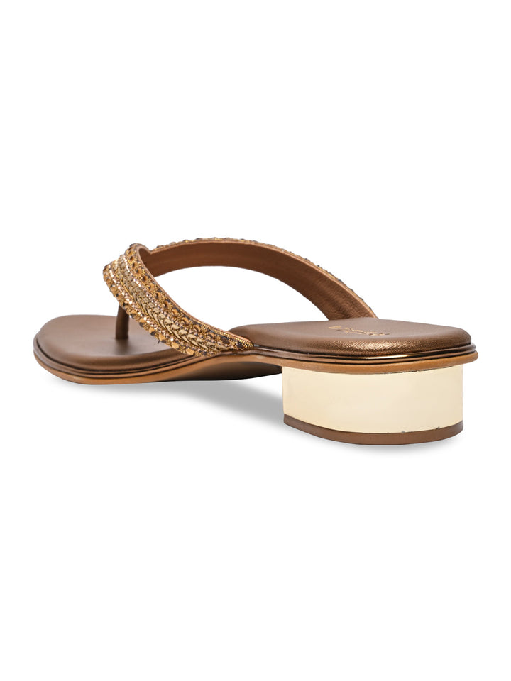 Rocia By Regal Antique Gold Women Embroidered Thong Small Heel Sandals