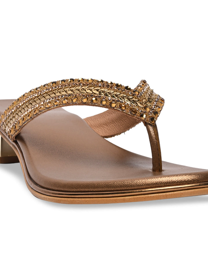 Rocia By Regal Antique Gold Women Embroidered Thong Small Heel Sandals