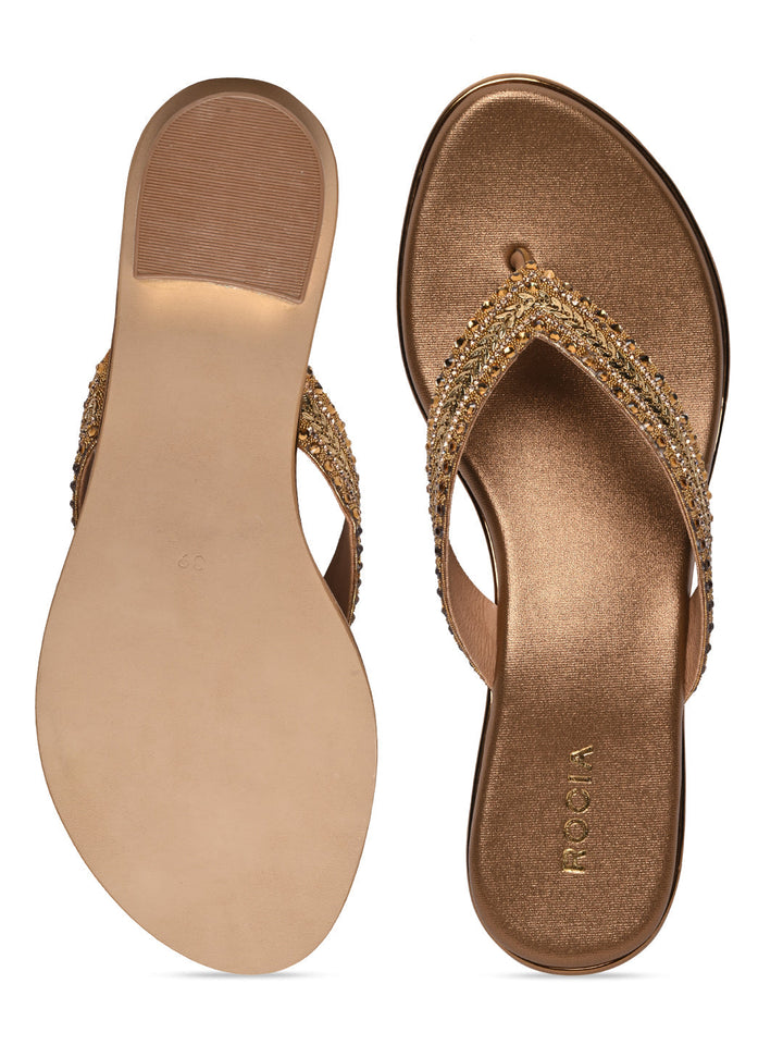 Rocia By Regal Antique Gold Women Embroidered Thong Small Heel Sandals