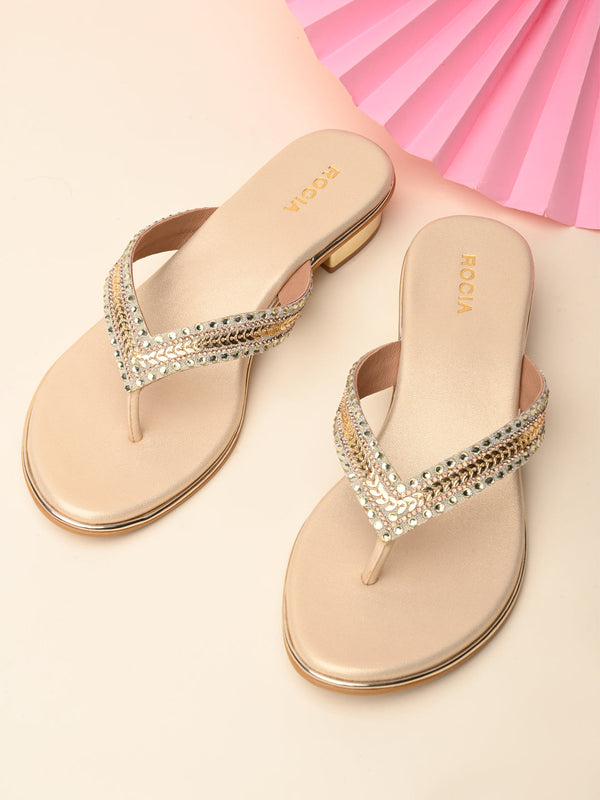 Rocia By Regal Gold Women Embroidered Thong Small Heel Sandals