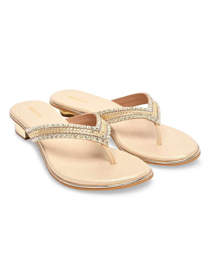 Rocia By Regal Gold Women Embroidered Thong Small Heel Sandals