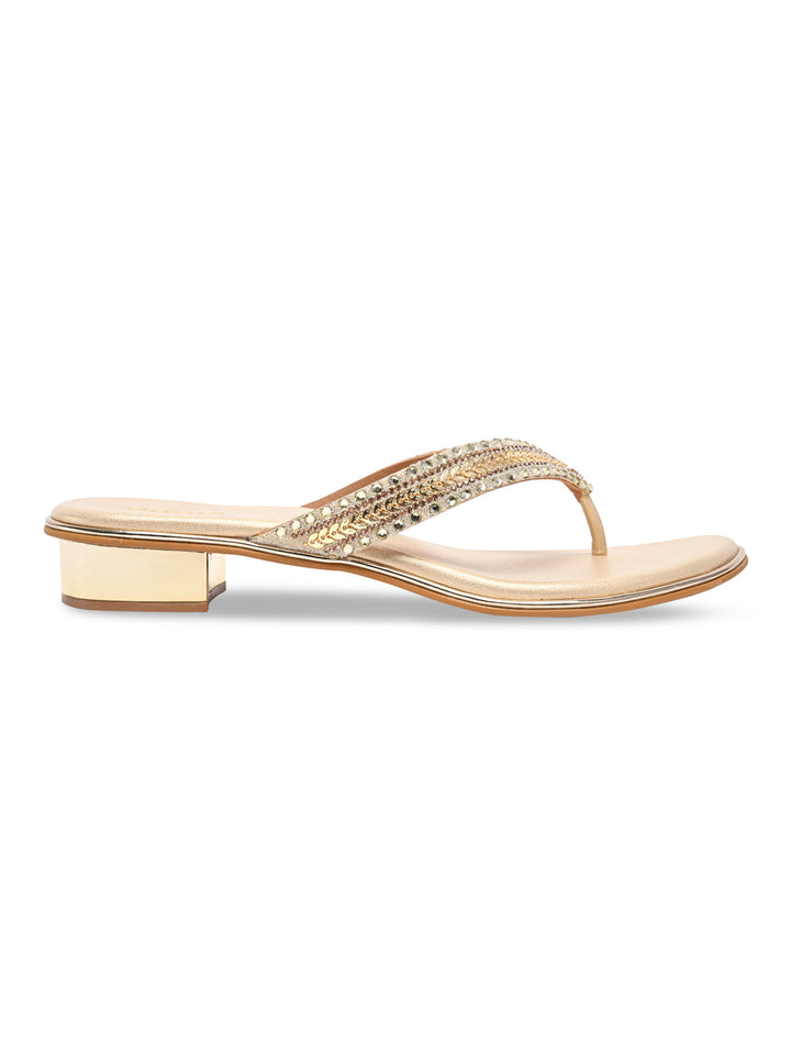 Rocia By Regal Gold Women Embroidered Thong Small Heel Sandals