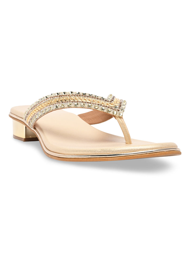 Rocia By Regal Gold Women Embroidered Thong Small Heel Sandals