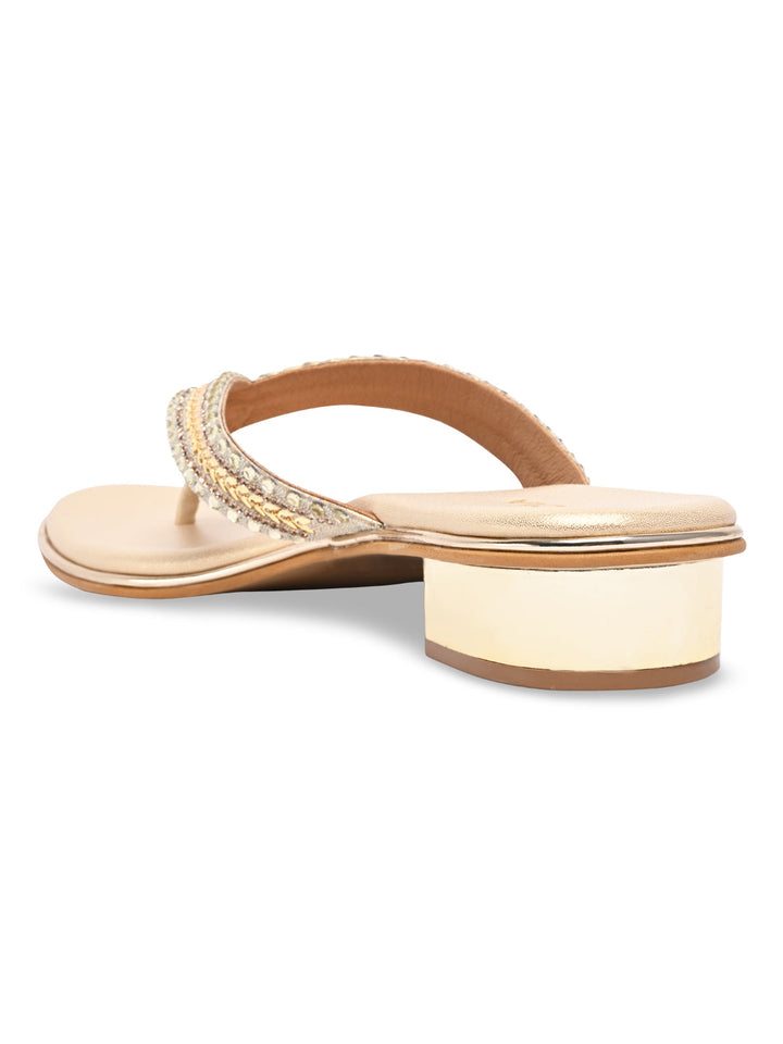 Rocia By Regal Gold Women Embroidered Thong Small Heel Sandals