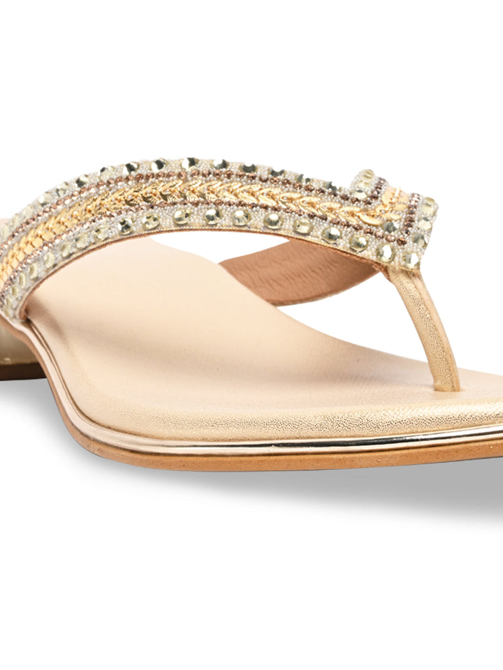 Rocia By Regal Gold Women Embroidered Thong Small Heel Sandals