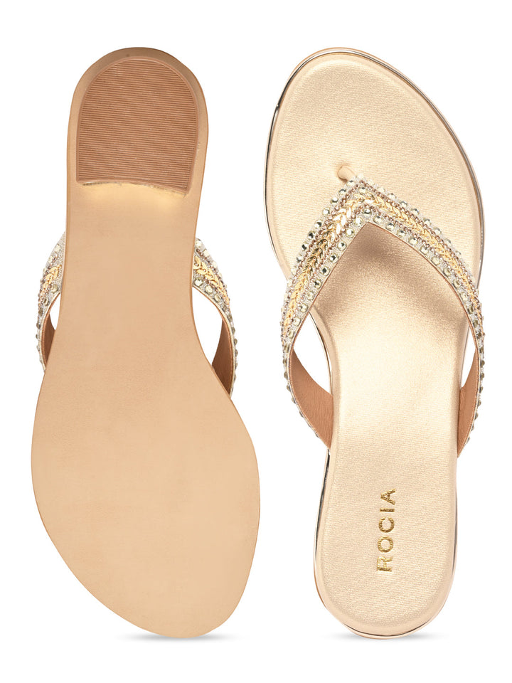 Rocia By Regal Gold Women Embroidered Thong Small Heel Sandals