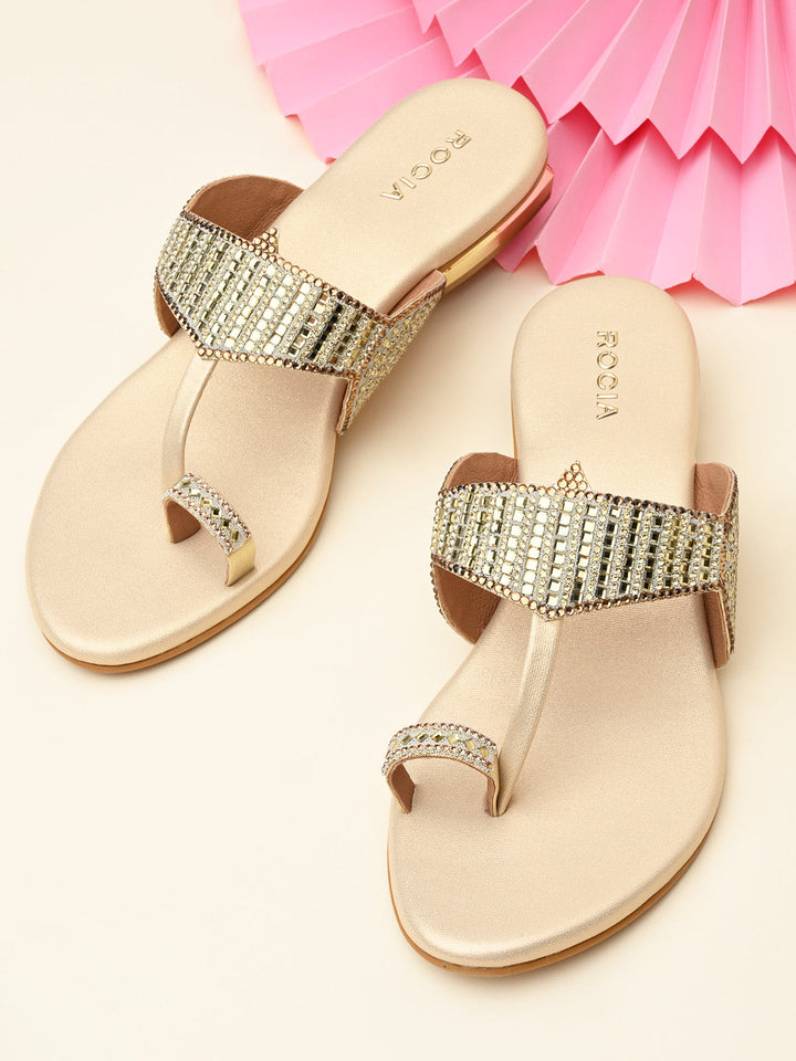 Rocia By Regal Gold Women One Toe Diamond Studded Small Heel Sandals