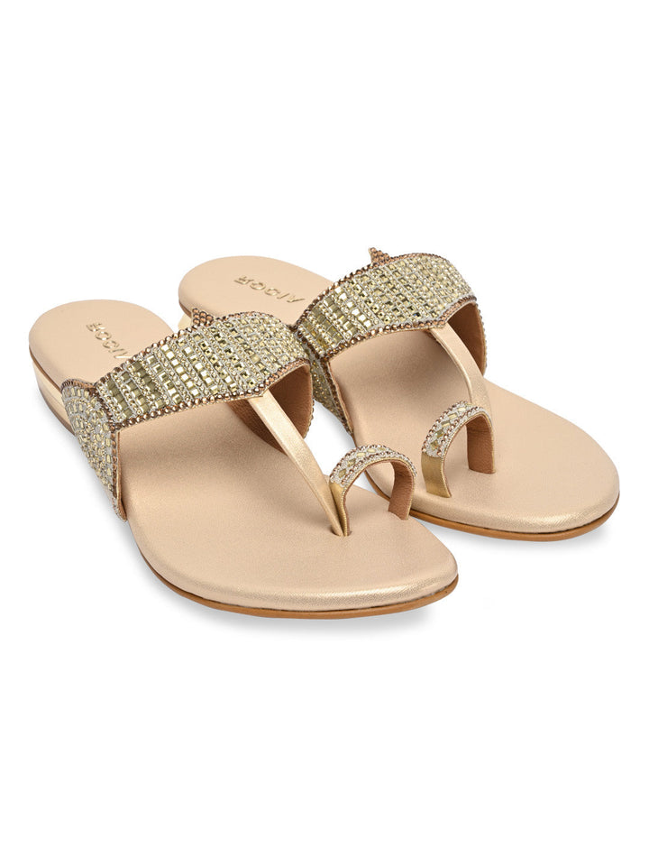 Rocia By Regal Gold Women One Toe Diamond Studded Small Heel Sandals
