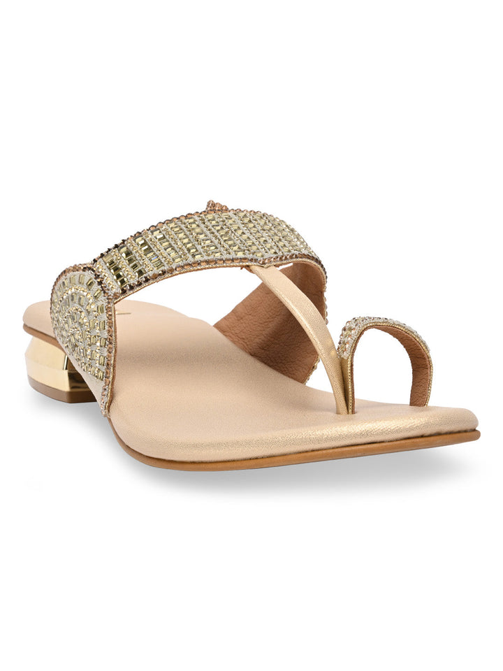 Rocia By Regal Gold Women One Toe Diamond Studded Small Heel Sandals