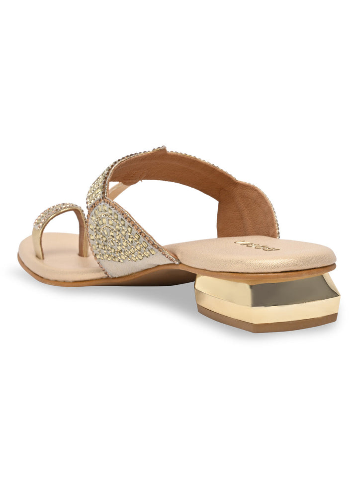 Rocia By Regal Gold Women One Toe Diamond Studded Small Heel Sandals