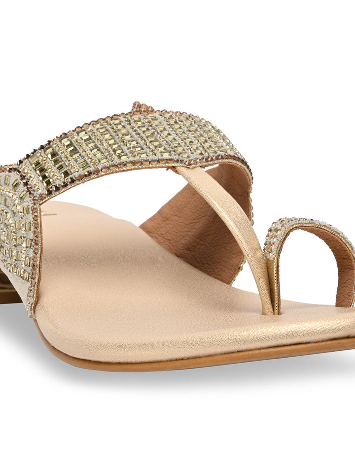 Rocia By Regal Gold Women One Toe Diamond Studded Small Heel Sandals