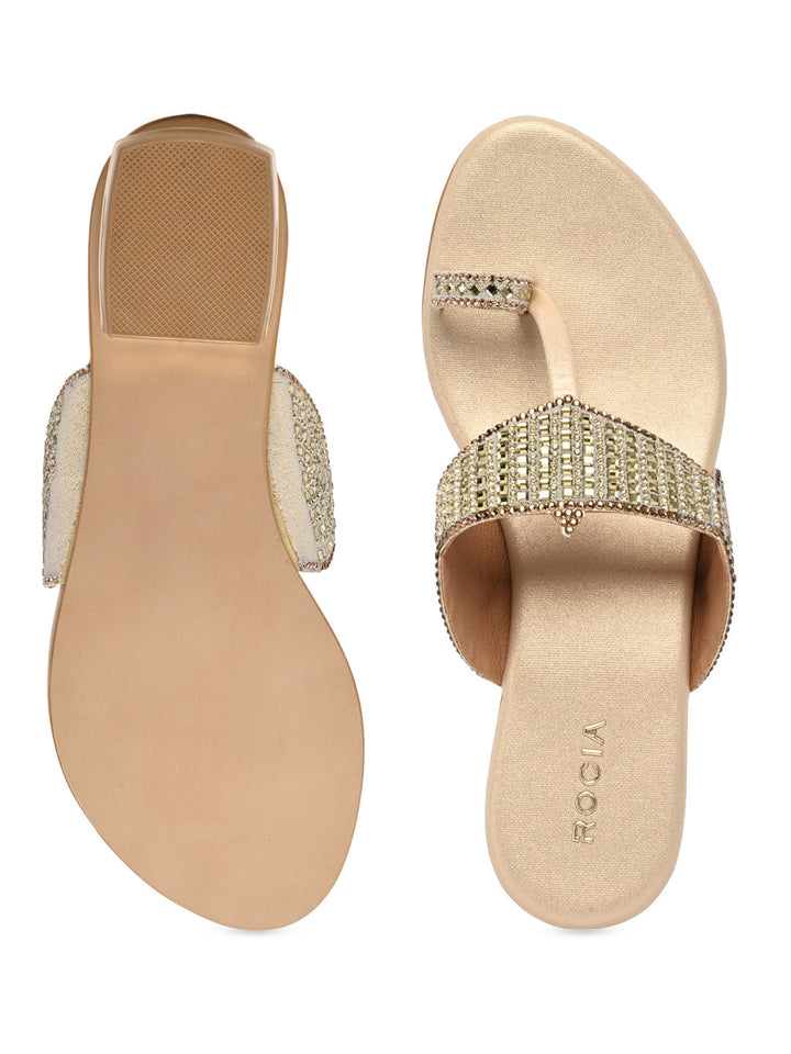 Rocia By Regal Gold Women One Toe Diamond Studded Small Heel Sandals
