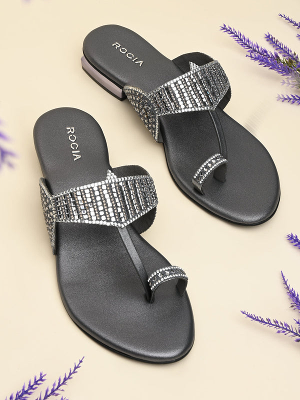 Rocia By Regal Grey Women One Toe Diamond Studded Small Heel Sandals