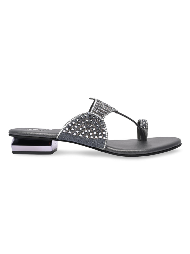 Rocia By Regal Grey Women One Toe Diamond Studded Small Heel Sandals