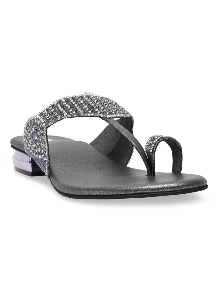 Rocia By Regal Grey Women One Toe Diamond Studded Small Heel Sandals