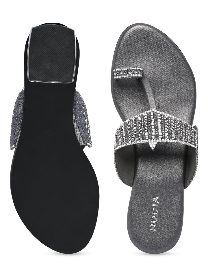 Rocia By Regal Grey Women One Toe Diamond Studded Small Heel Sandals