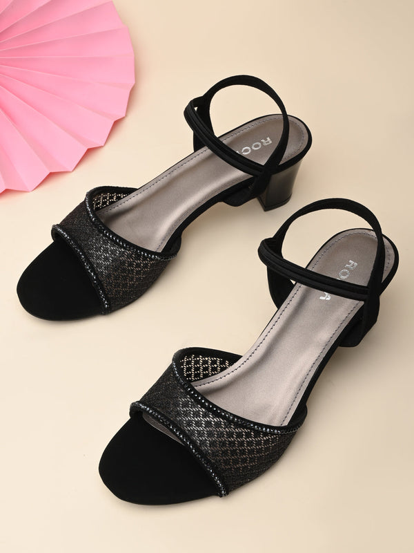 Rocia By Regal Black Women Net With Diamonds Block Heel Sandals