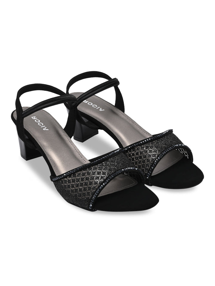 Rocia By Regal Black Women Net With Diamonds Block Heel Sandals