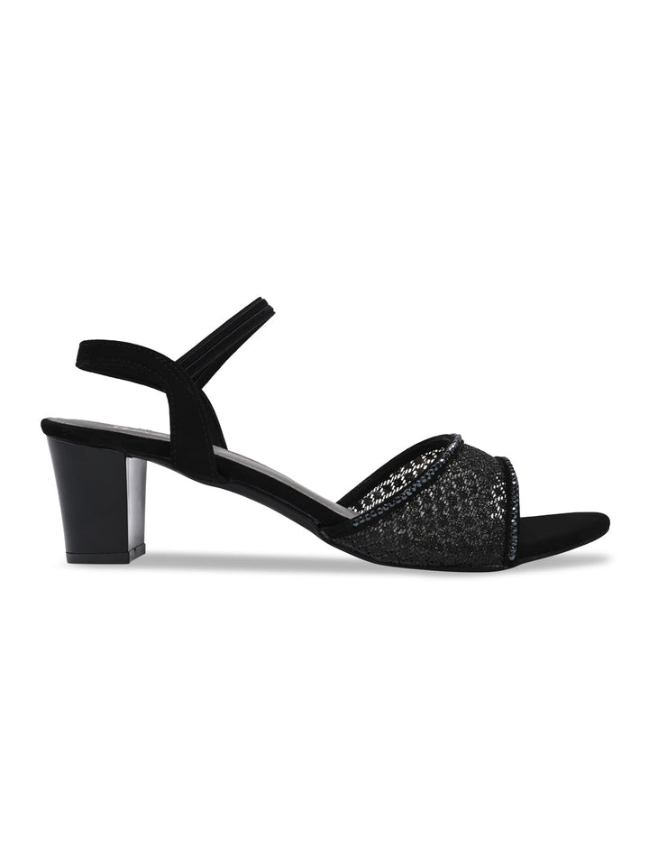 Rocia By Regal Black Women Net With Diamonds Block Heel Sandals
