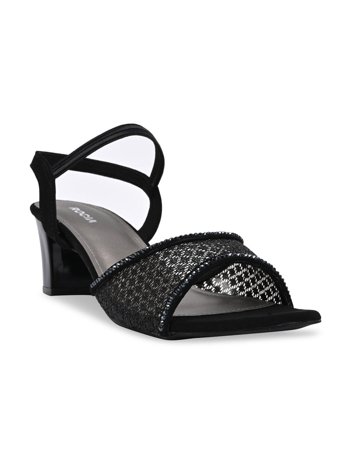 Rocia By Regal Black Women Net With Diamonds Block Heel Sandals