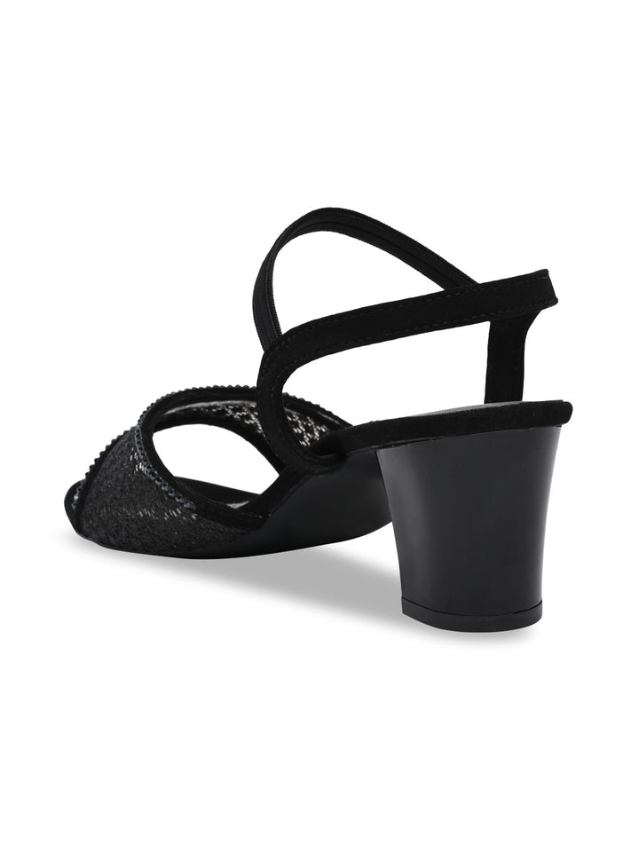 Rocia By Regal Black Women Net With Diamonds Block Heel Sandals