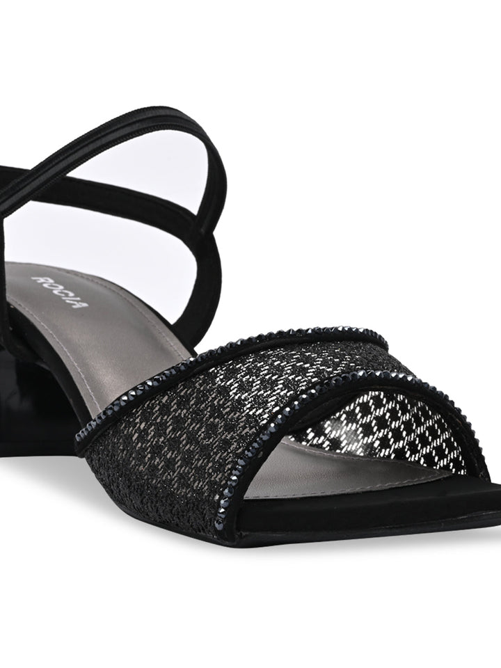 Rocia By Regal Black Women Net With Diamonds Block Heel Sandals
